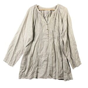 Yuvita Linen Pintuck Tunic Blouse Beige Oatmeal Long Sleeve V-Neck Size L